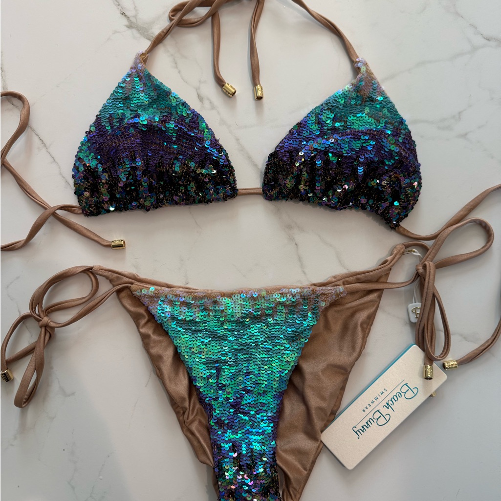 Beach Bunny Iridescent Teal & Purple Sequin Triangle Bikini